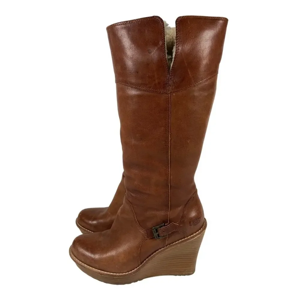 Ugg Wedge Boots Brown Leather Sheepskin Lining Women's Size 9.5